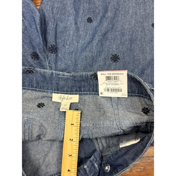 NEW Style & Co Womens 10P Blue Denim Bermuda Shorts Black Embroidered Floral - Picture 7 of 10